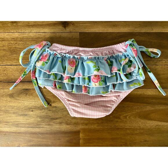 SweetHoney Maddie Tankini Swimsuit Set Nora's Garden Blue Pink Floral Gingham 2T - Picture 4 of 8